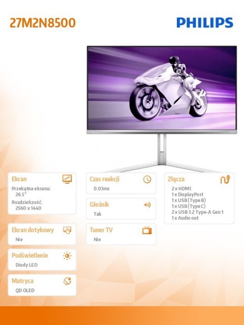 Philips Monitor 27M2N8500 27 cali QD OLED 360Hz HDMIx2 DP USB-C HAS Ambiglow Głośniki