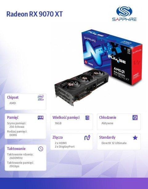Sapphire Technology Karta graficzna Radeon RX 9070 XT PULSE 16GB GDDR6 256bit 2DP/2HDMI