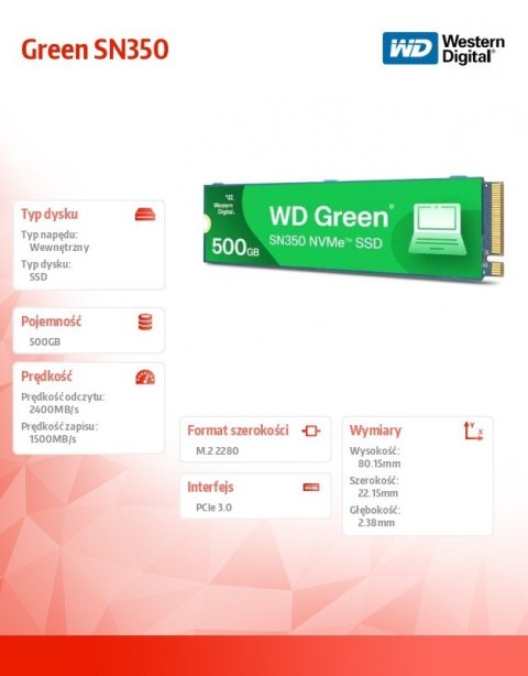 Western Digital Dysk SSD Green 500GB M.2 2280 SN350 NVMe PCIe
