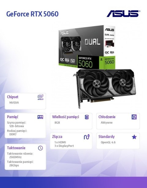 Asus Karta graficzna GeForce RTX 5060 Dual OC 8GB GDDR7 128BIT HDMI/3DP