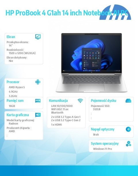 HP Inc. Laptop ProBook 4 G1ah R5-220 512GB/16GB(2*8GB)/W11P/14.0 C51G0ET