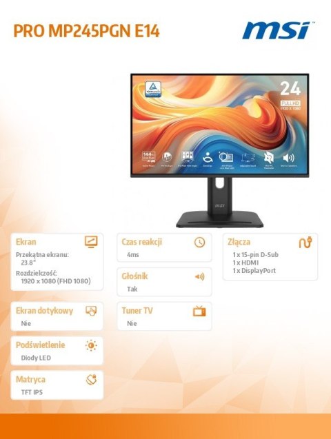 MSI Monitor PRO MP245PGN E14 23.8 cala/LED/FHD/FLAT/144Hz/Czarny