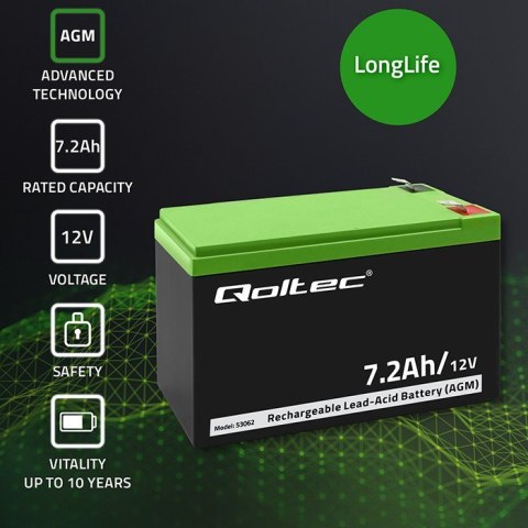 Qoltec Akumulator AGM 12V | 7.2Ah | max. 108A