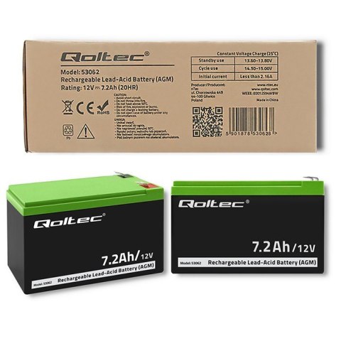 Qoltec Akumulator AGM 12V | 7.2Ah | max. 108A