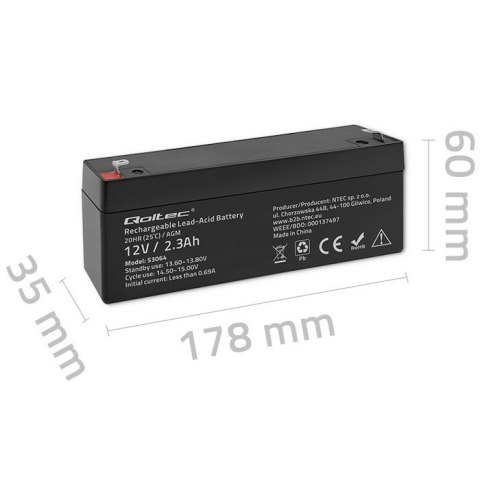 Qoltec Akumulator AGM | 12V | 2.3Ah | max. 34.5A