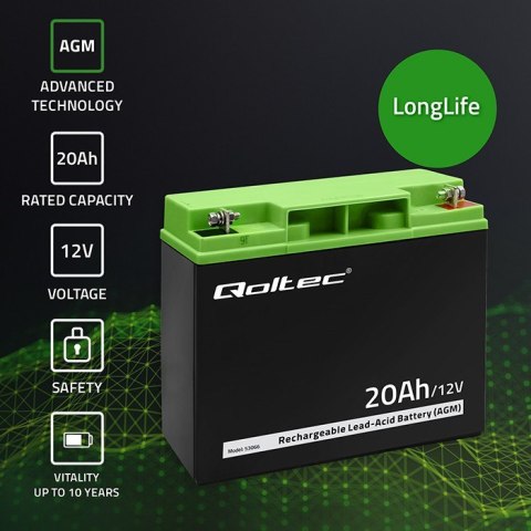 Qoltec Akumulator AGM | 12V | 20Ah | max. 300A