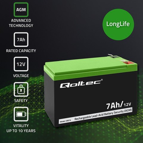 Qoltec Akumulator AGM | 12V | 7Ah | max. 105A | Security