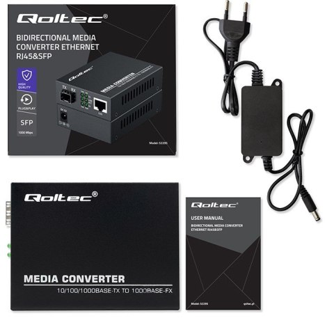 Qoltec Dwukierunkowy Media Konwerter SWITCH Ethernet 1x RJ45 1x SFP | 1000Mb/s | 5V