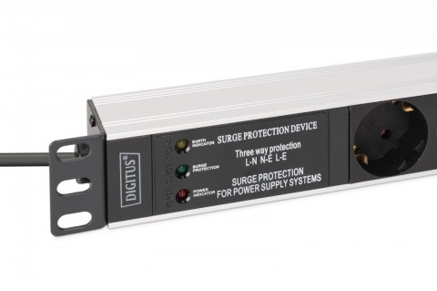 Digitus Listwa zasilająca PDU Rack 19" z zabezpieczeniem przeciwprzepięciowym + filtr EMI/RFI, 7 gniazd Schuko CEE 7/3, kabel 2m, wtyk U