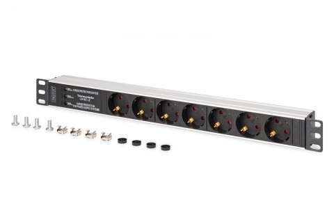 Digitus Listwa zasilająca PDU Rack 19" z zabezpieczeniem przeciwprzepięciowym + filtr EMI/RFI, 7 gniazd Schuko CEE 7/3, kabel 2m, wtyk U