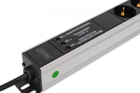 Digitus Listwa zasilająca PDU Rack (620mm) z zabezpieczeniem przeciwprzepięciowym + filtr EMI/RFI, 9 gniazd Schuko CEE 7/3 (45°), kabel 