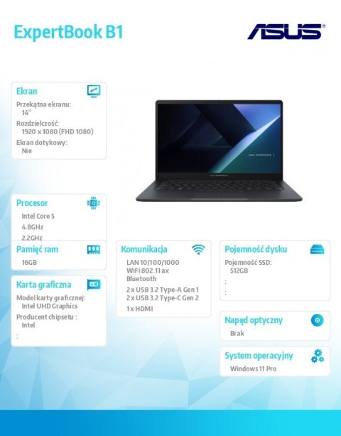 Asus Laptop ExpertBook B1 B1403CVA-S67343X - Core 5 210H/16GB/512GB/14" FHD/Win 11 PRO/3YRS