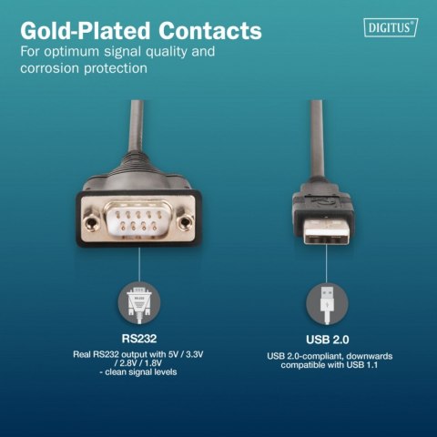 Digitus Kabel adapter USB 2.0 do RS232 (DB9) | Chipset FTDI (FT232RNL) | PVC, czarny | Mocowanie w tulejkach gwintowanych | 1.8m