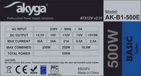 Akyga Zasilacz Akyga Basic AK-B1-500E (500 W; Pasywne; 120 mm)
