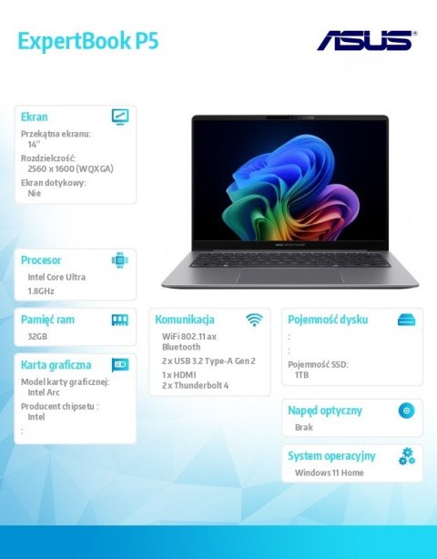 Asus Laptop ExpertBook P5 P5405CSA-NZ0417W Ultra 7 258V 32GB/1TB Win 11Home/3YRS Copilot+PC