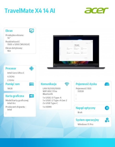 Acer Laptop TravelMate X4 14 AI TMX414-51-TCO Ultra5 226V 16GB/512GB/14 cali /W11PRO, 3 Years On Site , Copilot+PC