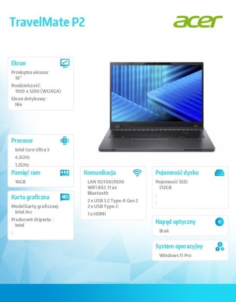 Acer Laptop TravelMate P2 TMP216-71-G3-TCO Ultra5 125H 16GB/512GB/W11Pro , 3 Years On Site
