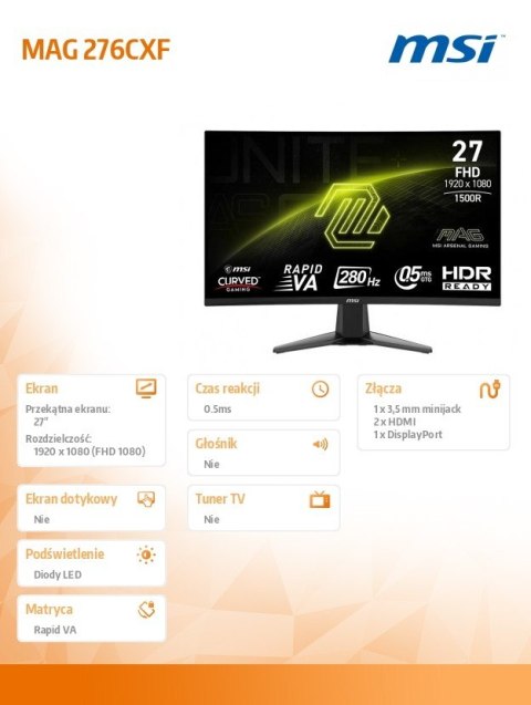 MSI Monitor MAG 276CXF 27 cali LED/FHD/Zakrzywiony/280Hz/Czarny