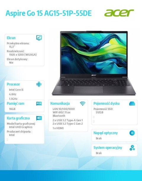 Acer Laptop Aspire Go 15 AG15-51P-55DE i5-1334U 15.3 cala WUXGA, 16GB, 512GB SSD, NoOS