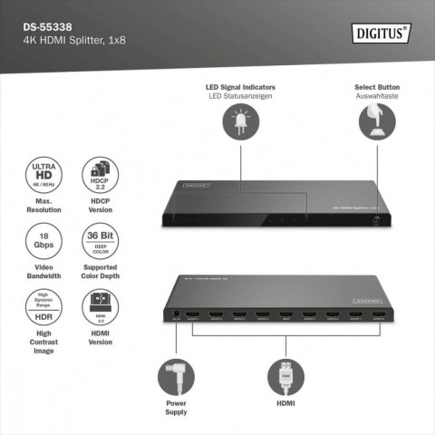 Digitus Rozdzielacz/Splitter HDMI 1x8, 4K/60Hz UHD z HDR, 18 Gbps, HDCP 2.2, EDID