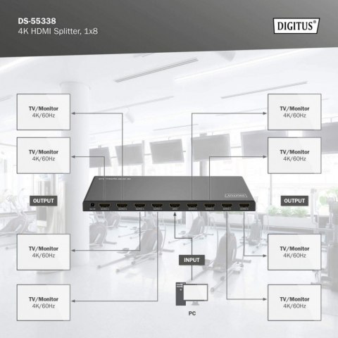 Digitus Rozdzielacz/Splitter HDMI 1x8, 4K/60Hz UHD z HDR, 18 Gbps, HDCP 2.2, EDID