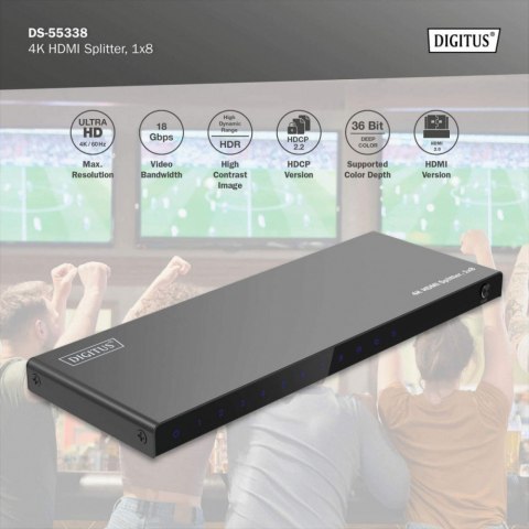 Digitus Rozdzielacz/Splitter HDMI 1x8, 4K/60Hz UHD z HDR, 18 Gbps, HDCP 2.2, EDID