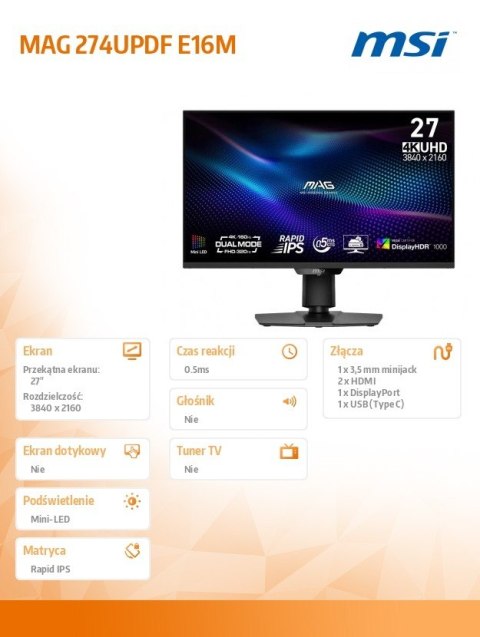 MSI Monitor MAG 274UPDF E16M 27 cali/LED/FHD/FLAT/160Hz/Czarny