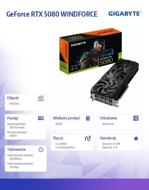 Gigabyte Karta graficzna GeForce RTX 5080 WINDFORCE OC S FF 16G 256BIT GDDR7 3DP