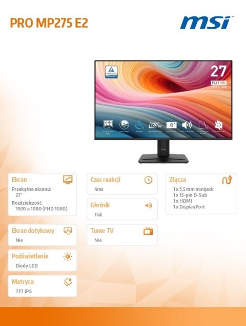 MSI Monitor PRO MP275 E2 27 cali/LED/FHD/Flat/120Hz/Czarny