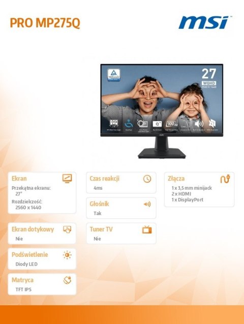 MSI Monitor PRO MP275Q 27 cali/LED/QHD/FLAT/100Hz/Czarny