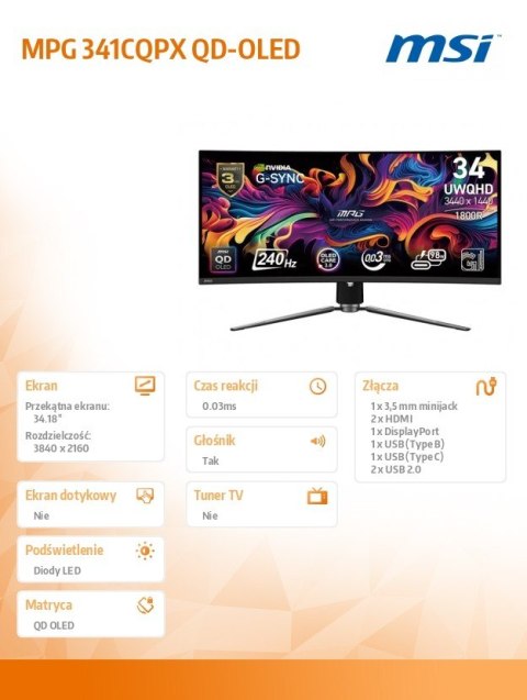 MSI Monitor MPG 341CQPX QD-OLED 34 cale/LED/UWQHD/Zakrzywiony/240Hz/Czarny