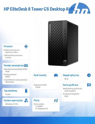 HP Inc. Komputer EliteDesk 8 Tower G1i U5-235 512GB/16GB/W11P A55S1ET