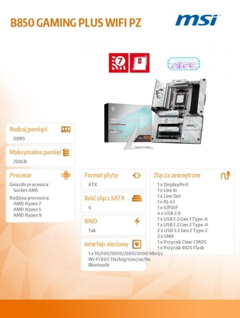 MSI Płyta główna B850 GAMING PLUS WIFI PZ AM5 4DDR5 ATX