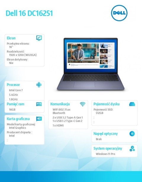 Dell Laptop Dell 16 DC16251 W11P C7-150U/16GB/512GB/16.0 FHD+/Int/FgrPr/WLAN + BT/Backlit Kb/4 Cell/3YPS Platinum Silver