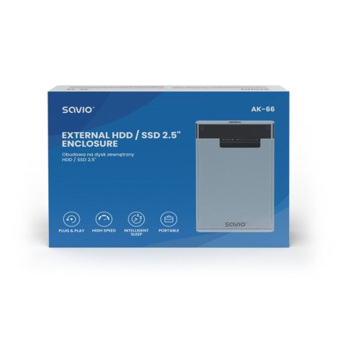 SAVIO SAVIO ZEWNĘTRZNA OBUDOWA NA DYSK HDD/SDD 2,5", USB 3.0, TRANSPARENTNA, AK-66