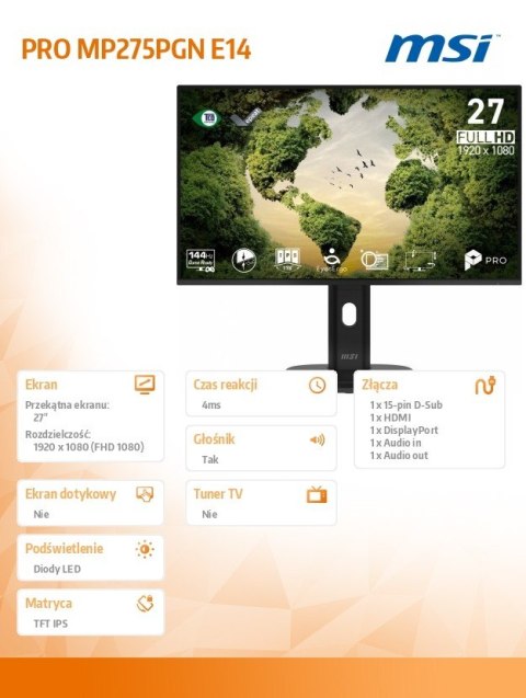 MSI Monitor PRO MP275PGN E14 27 cali/LED/FHD/Zakrzywiony/144Hz/Czarny