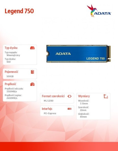 Adata Dysk SSD Legend 750 500GB PCIe 3x4 3.35/2.45 GB/s