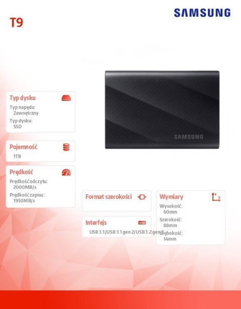 Samsung Dysk zewnętrzny SSD T9 1TB USB3.2 GEN.2 czarny