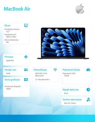 Apple MacBook Air 15.3 cala: M5 10/10, 16GB, 512GB SSD, bez zasilacza - Północ