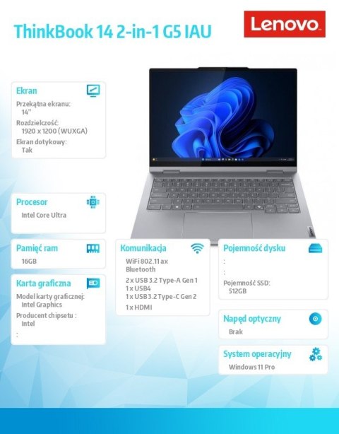 Lenovo Laptop ThinkBook 14 G5 2in1 21SQ0016PB W11Pro Ultra 5 225U/16GB/512GB/INT/14.0 WUXGA/Touch/Luna Grey/3YRS OS + CO2 Offset