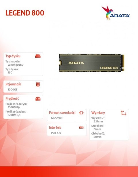 Adata Dysk SSD LEGEND 800 1000GB PCIe 4x4 3.5/2.2 GB/s M2
