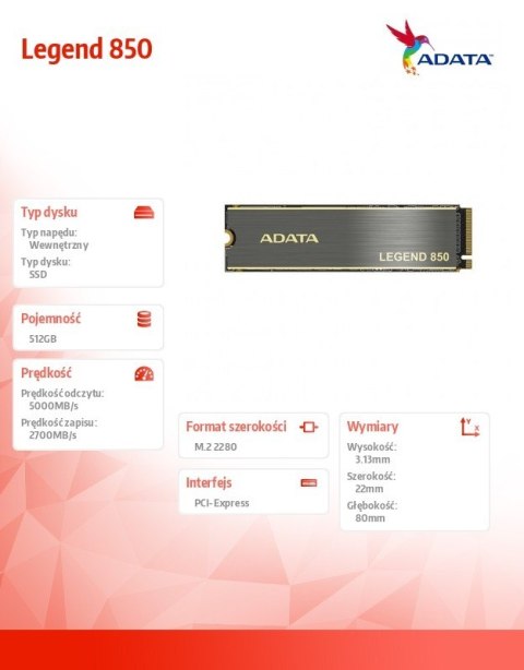 Adata Dysk SSD Legend 850 512GB PCIe 4x4 5/2.7 GB/s M2