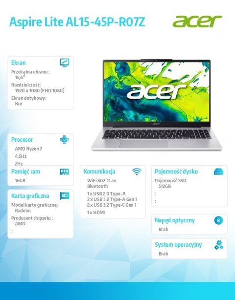 Acer Laptop Acer Lite AL15-45P-R07Z R7-5825U 15,6 FHD 16GB 512GB