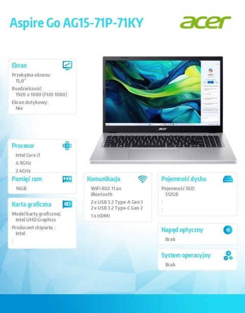 Acer Laptop Aspire Go AG15-71P-71KY I7-13620H 15,6 FHD 16GB 512GBNoOS Silver