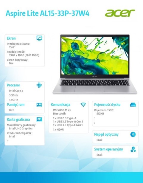 Acer Laptop Aspire Lite AL15-33P-37W4 Core 3 N355, 15.6 FHD, 8GB,512GB SSD, NoOS