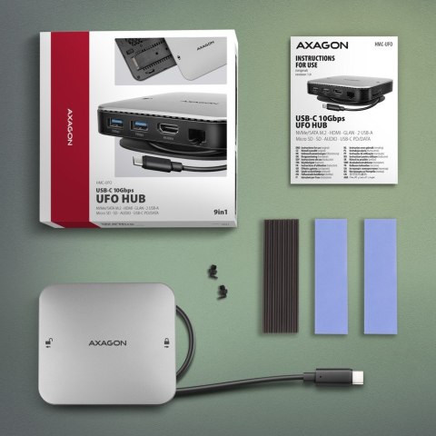 AXAGON HMC-UFO Wieloportowy hub USB 9in1, 10Gbps, 2x USB-A, HDMI 4K/60Hz, M.2 NVMe/SATA, audio, PD 100W, SD/microSD, GLAN, 65cm USB-C k
