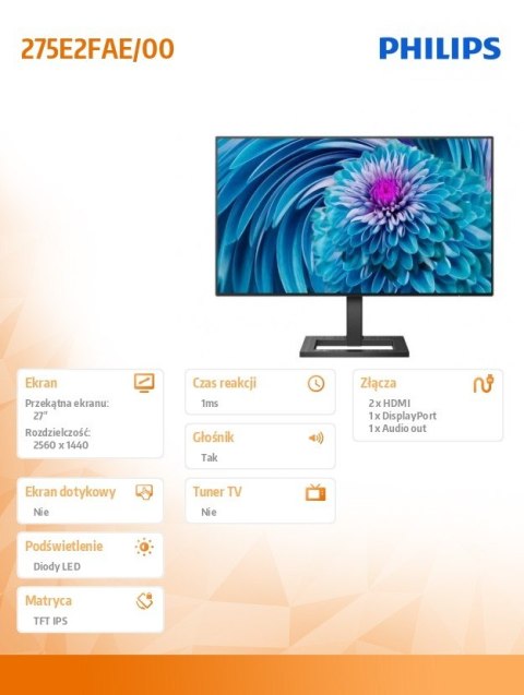Philips Monitor 275E2FAE 27 cali IPS HDMIx2 DP Głośniki HAS