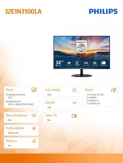 Philips Monitor 31.5 cala 32E1N3100LA VA 75Hz HDMIx2 VGA