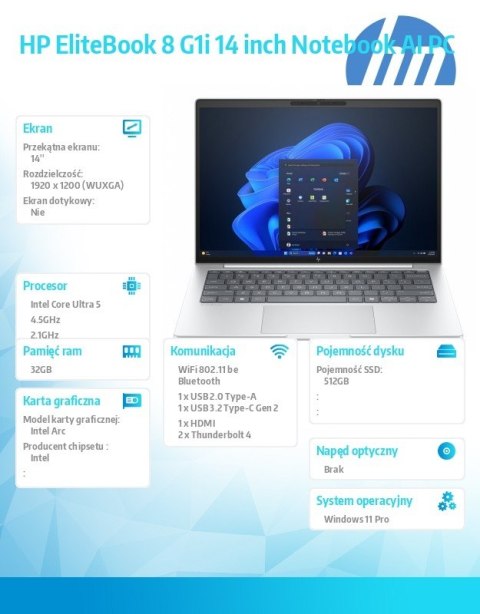 HP Inc. Laptop EliteBook 8 G1i U5-228V 1TB/32GB/W11P/14.0 C51GNET