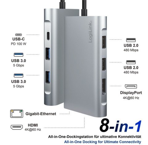 LogiLink Stacja dokująca USB3.2 ,USB-C, 8-portow, PD